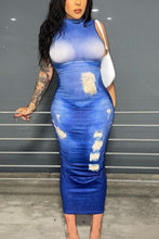 Load image into Gallery viewer, Sexy slight stretch fake denim printing bodycon midi dress