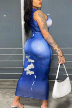 Load image into Gallery viewer, Sexy slight stretch fake denim printing bodycon midi dress