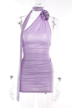Load image into Gallery viewer, Sexy slight stretch silver pressed rose halter neck slim mini dress