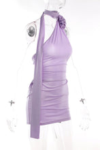 Load image into Gallery viewer, Sexy slight stretch silver pressed rose halter neck slim mini dress
