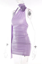 Load image into Gallery viewer, Sexy slight stretch silver pressed rose halter neck slim mini dress