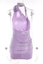 Load image into Gallery viewer, Sexy slight stretch silver pressed rose halter neck slim mini dress