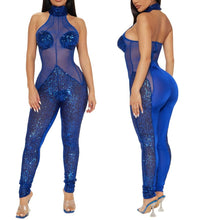Load image into Gallery viewer, Sexy slight stretch sequins mesh see-through halter neck slim jumpsuit