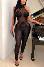 Load image into Gallery viewer, Sexy slight stretch sequins mesh see-through halter neck slim jumpsuit