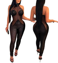 Load image into Gallery viewer, Sexy slight stretch sequins mesh see-through halter neck slim jumpsuit