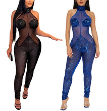 Load image into Gallery viewer, Sexy slight stretch sequins mesh see-through halter neck slim jumpsuit