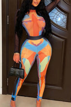 Load image into Gallery viewer, High stretch see through mesh stitching fixed print sexy bodysuit pants sets