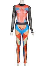 Load image into Gallery viewer, High stretch see through mesh stitching fixed print sexy bodysuit pants sets