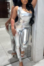 Load image into Gallery viewer, Sexy non-stretch glossy leather shoulder bodysuit pants set