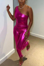 Load image into Gallery viewer, Sexy non-stretch glossy leather shoulder bodysuit pants set