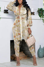 Load image into Gallery viewer, Sexy slight stretch printing lace-up slim long sleeve pants sets
