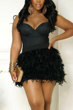 Load image into Gallery viewer, Sexy stretch sling bodysuit with fur decor mini skirt set(with padded)