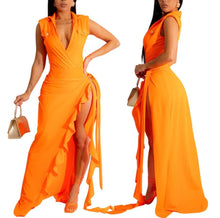 Load image into Gallery viewer, Sexy slight stretch shoulder pad bodysuit irregular maxi skirt sets