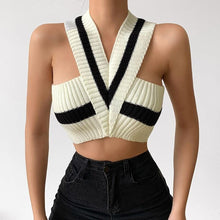 Load image into Gallery viewer, Sexy stretch knitted color contrast cross sling all-match crop vest