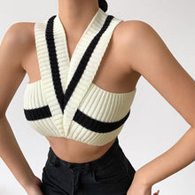 Load image into Gallery viewer, Sexy stretch knitted color contrast cross sling all-match crop vest