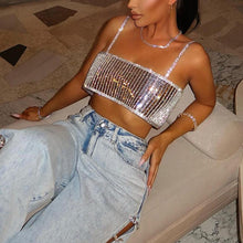 Load image into Gallery viewer, Sexy non-stretch rhinestone slim hollow crop vest