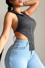 Load image into Gallery viewer, Sexy solid color slight stretch zip-up backless irregular hooded top