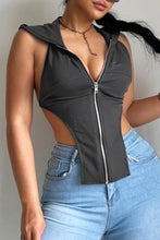 Load image into Gallery viewer, Sexy solid color slight stretch zip-up backless irregular hooded top