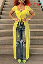 Load image into Gallery viewer, Sexy slight stretch mesh lace-up see-through long hem cardigan top