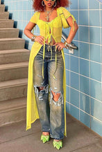 Load image into Gallery viewer, Sexy slight stretch mesh lace-up see-through long hem cardigan top