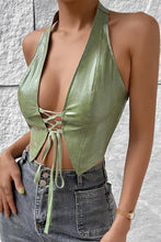 Load image into Gallery viewer, Sexy non-stretch solid color pu halter neck backless slim lace-up vest