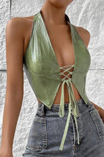 Load image into Gallery viewer, Sexy non-stretch solid color pu halter neck backless slim lace-up vest