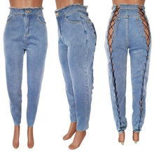 Load image into Gallery viewer, Sexy slight stretch denim hollow lace-up zip-up slim jeans