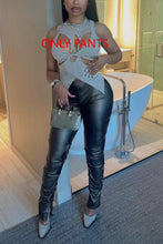 Load image into Gallery viewer, Stylish solid color pu slight stretch shirring slit slim trousers
