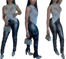 Load image into Gallery viewer, Stylish solid color pu slight stretch shirring slit slim trousers