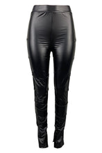 Load image into Gallery viewer, Stylish solid color pu slight stretch shirring slit slim trousers