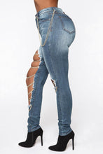 Load image into Gallery viewer, Sexy xs-3xl slight stretch chain decor ripped slim washed denim trousers