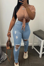 Load image into Gallery viewer, Sexy slight stretch denim hole decor high-waist jeans