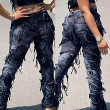Load image into Gallery viewer, High street slight stretch tie dye high waist tassel grunge pants
