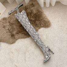 Load image into Gallery viewer, Winter new pointed snake pattern side zip-up leg ring design over knee sexy high-upper high-heel boots(heel height:8cm, shaft height:78cm)