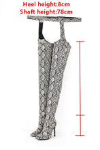 Load image into Gallery viewer, Winter new pointed snake pattern side zip-up leg ring design over knee sexy high-upper high-heel boots(heel height:8cm, shaft height:78cm)