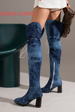 Load image into Gallery viewer, EUR44-EUR48 winter new pointed washed denim lace-up stylish over knee high-heel boots(heel height:7.5cm, shaft height:56cm)