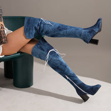 Load image into Gallery viewer, EUR44-EUR48 winter new pointed washed denim lace-up stylish over knee high-heel boots(heel height:7.5cm, shaft height:56cm)