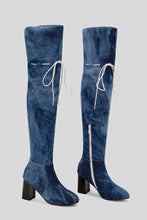 Load image into Gallery viewer, EUR44-EUR48 winter new pointed washed denim lace-up stylish over knee high-heel boots(heel height:7.5cm, shaft height:56cm)