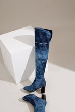 Load image into Gallery viewer, EUR44-EUR48 winter new pointed washed denim lace-up stylish over knee high-heel boots(heel height:7.5cm, shaft height:56cm)