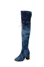 Load image into Gallery viewer, EUR44-EUR48 winter new pointed washed denim lace-up stylish over knee high-heel boots(heel height:7.5cm, shaft height:56cm)