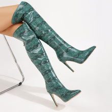 Load image into Gallery viewer, New pointed snake pattern over knee high-heel back zip-up stylish boots