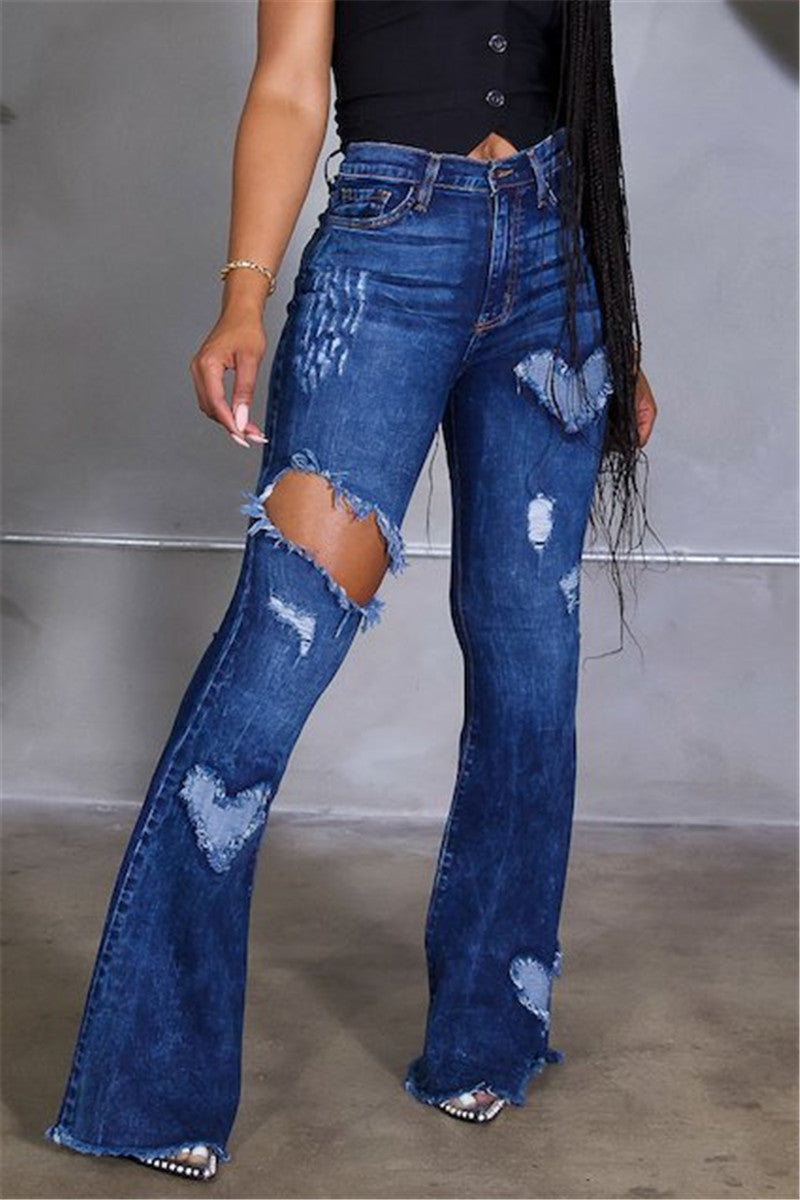 New micro-elastic high waist holes stylish flare jeans