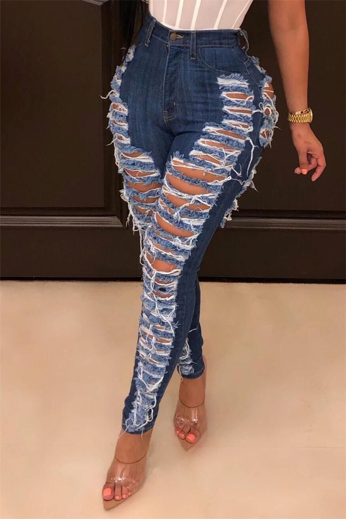 New stylish solid color hole micro elastic pocket zip-up sexy jeans
