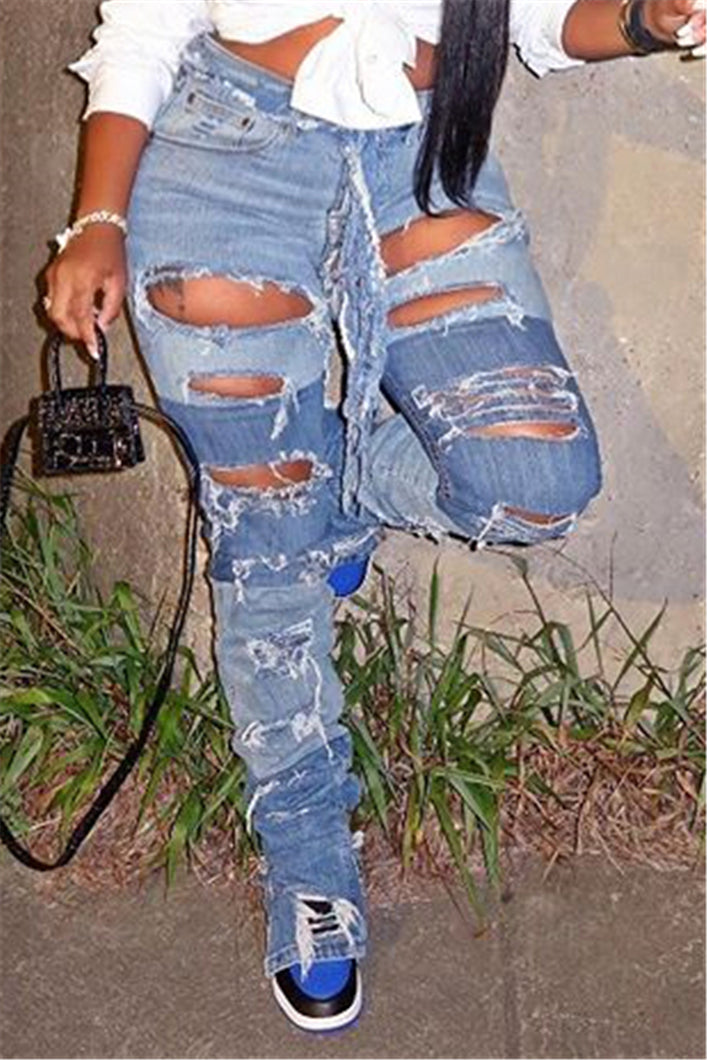 Hole zip-up new fashion contrast color inelastic slim jeans (with belt)