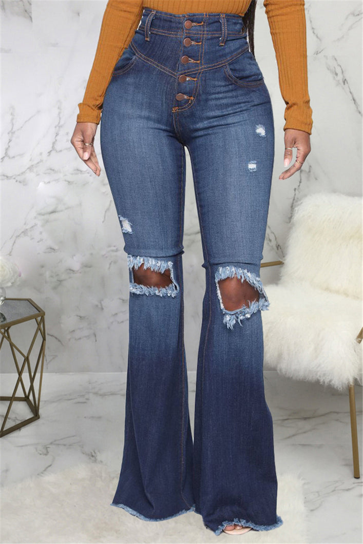 Fashion all-match wide-legged knee-holes slim flared jeans