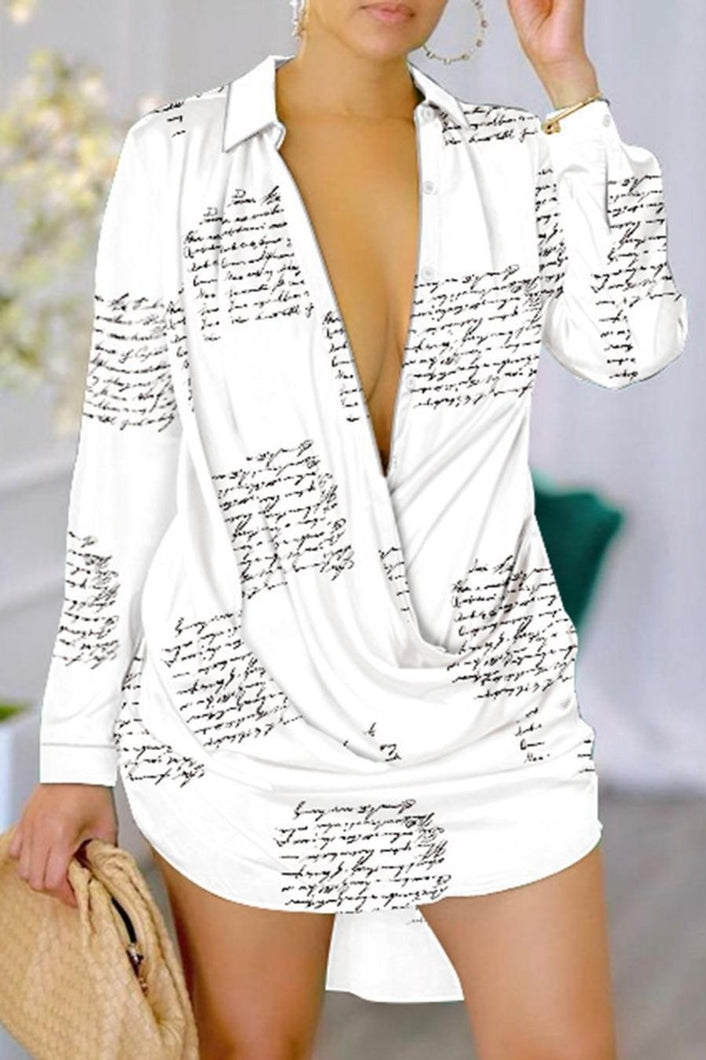 Casual slight stretch letter batch printing lapel button mini dress