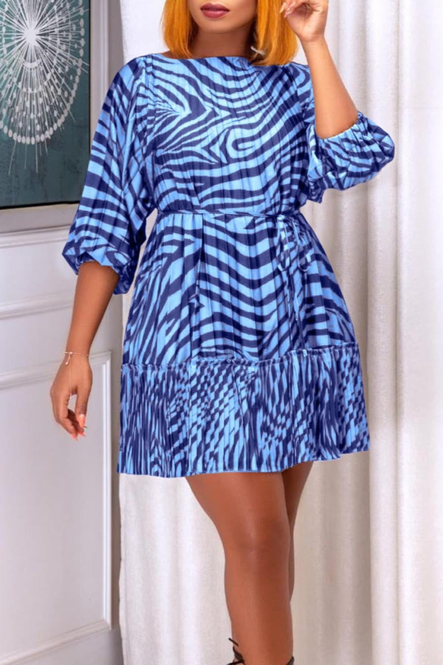 Casual 4 colors non-stretch zebra print with belt loose mini dress