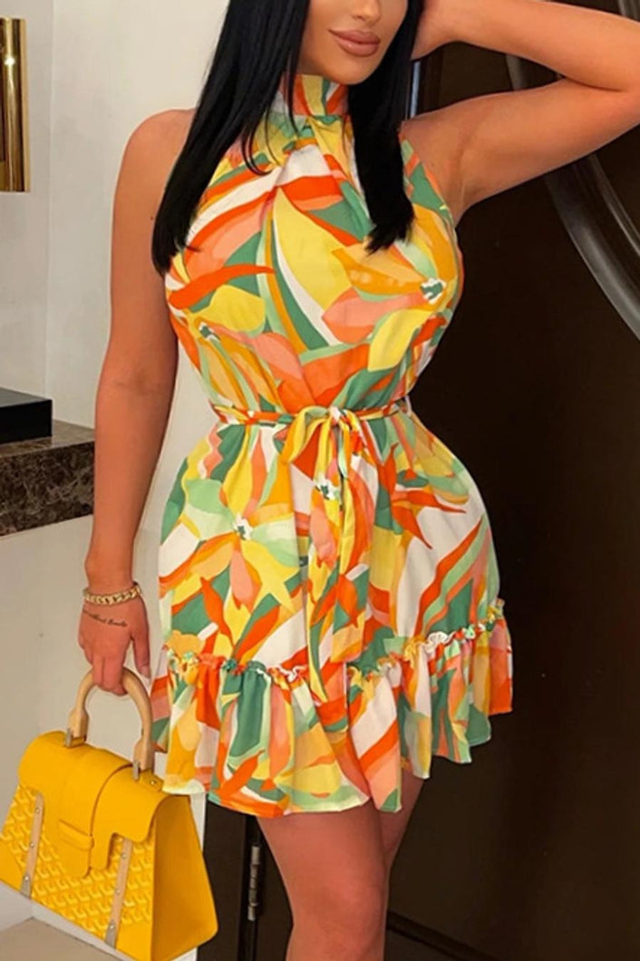 Stylish slight stretch multicolor printing sleeveless belt mini dress