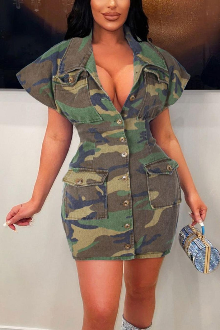 Stylish non-stretch camo printing single-breasted slim mini dress