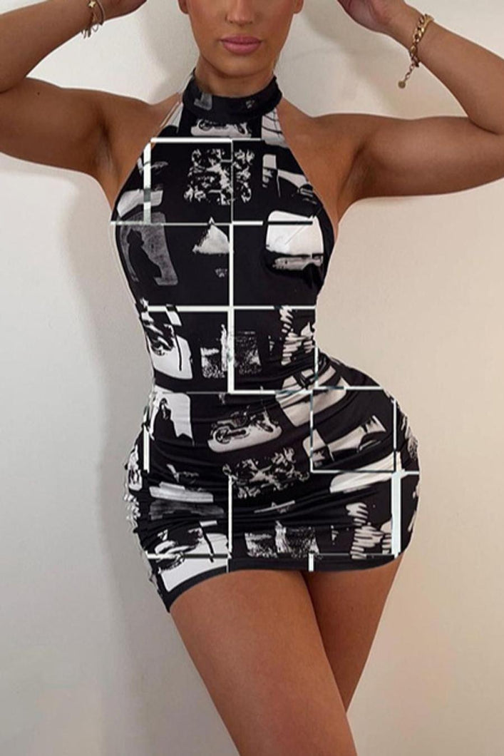 Sexy stretch urban style printing halter-neck backless bodycon mini dress